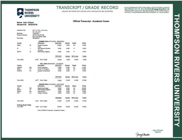 Thompson Rivers University official transcript Word and PDF template