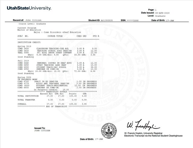 Utah State University transcript Word and PDF template