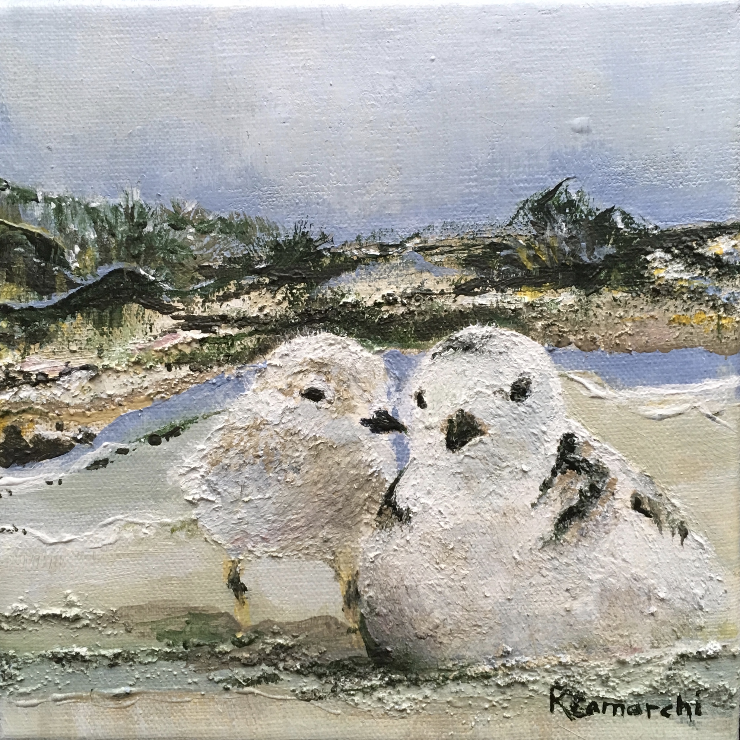 "Plover Cuddle Time" 8"x8" acrylic on canvas. Copyright 2018 Kate Zamarchi. All rights reserved.