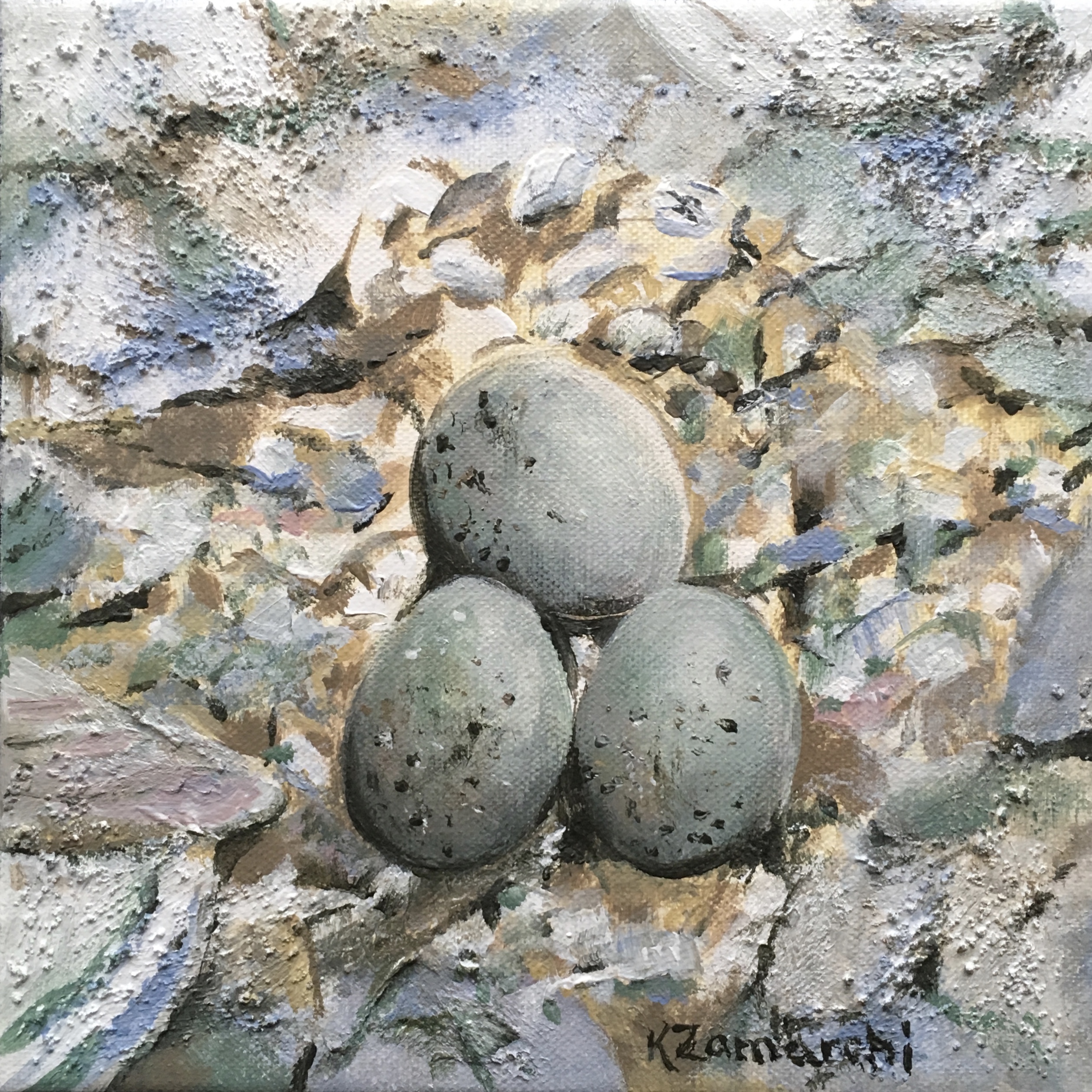 "Plover Eggs" 8"x8" acrylic on canvas. Copyright 2018 Kate Zamarchi. All rights reserved.