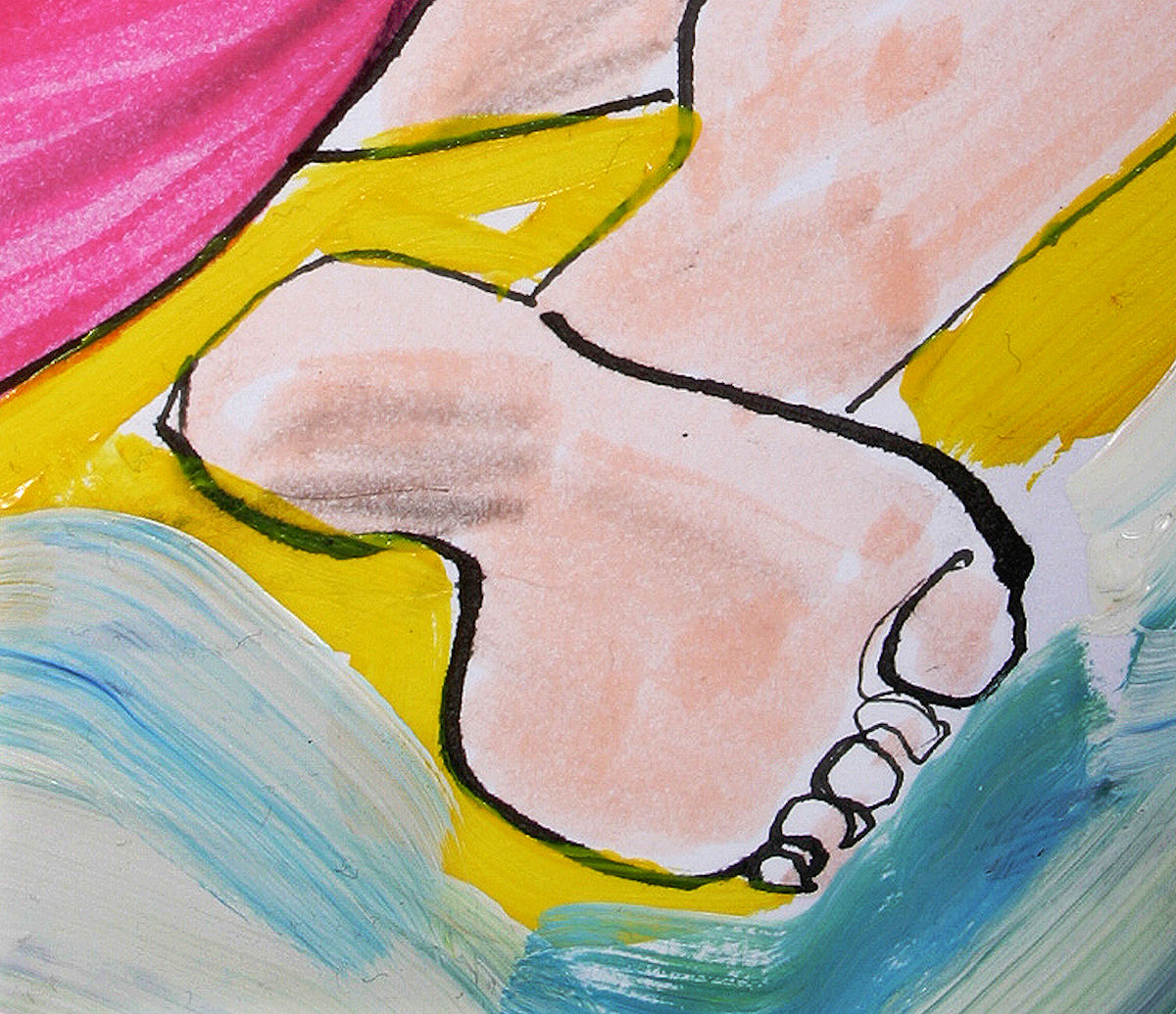 (Painting Detail) My works are often whimsical in theme and bright in color. I love using thick paint and often blend directly on the canvas.