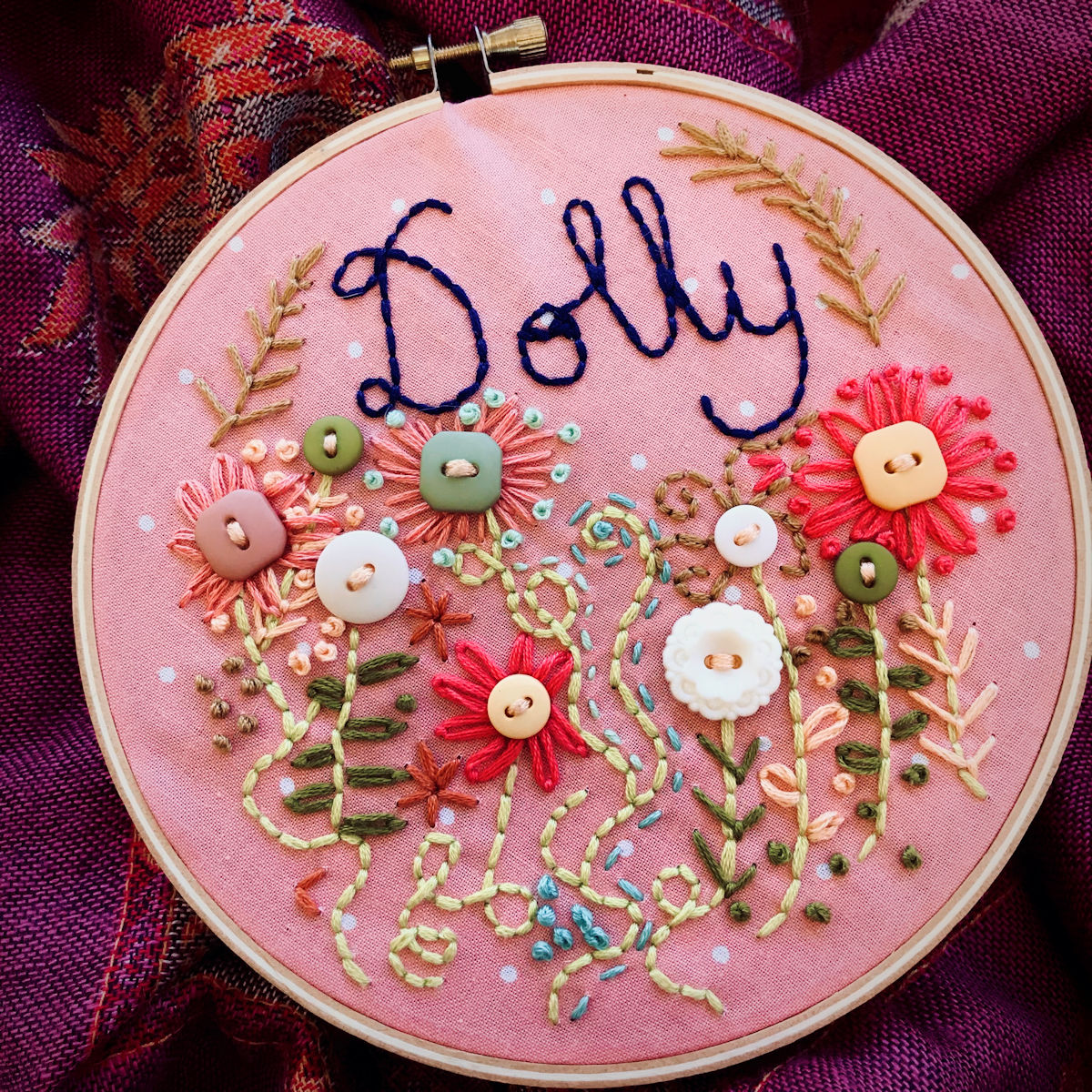 “Cute as a Button” The first stitch I teach is the backstitch (seen in the name and stems.)