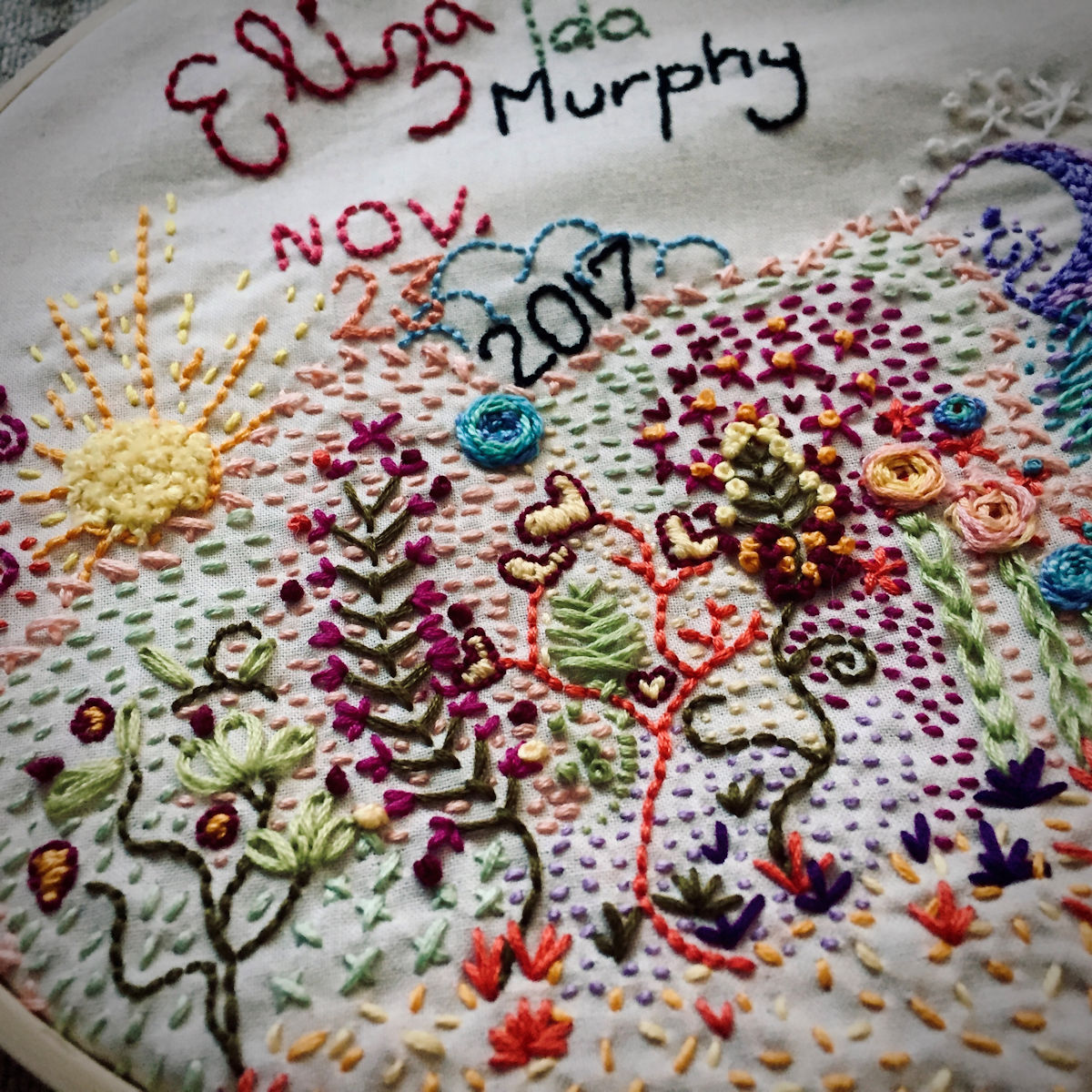 “Our Sun and Moon” Seed stitching is the term for the array of background dots.