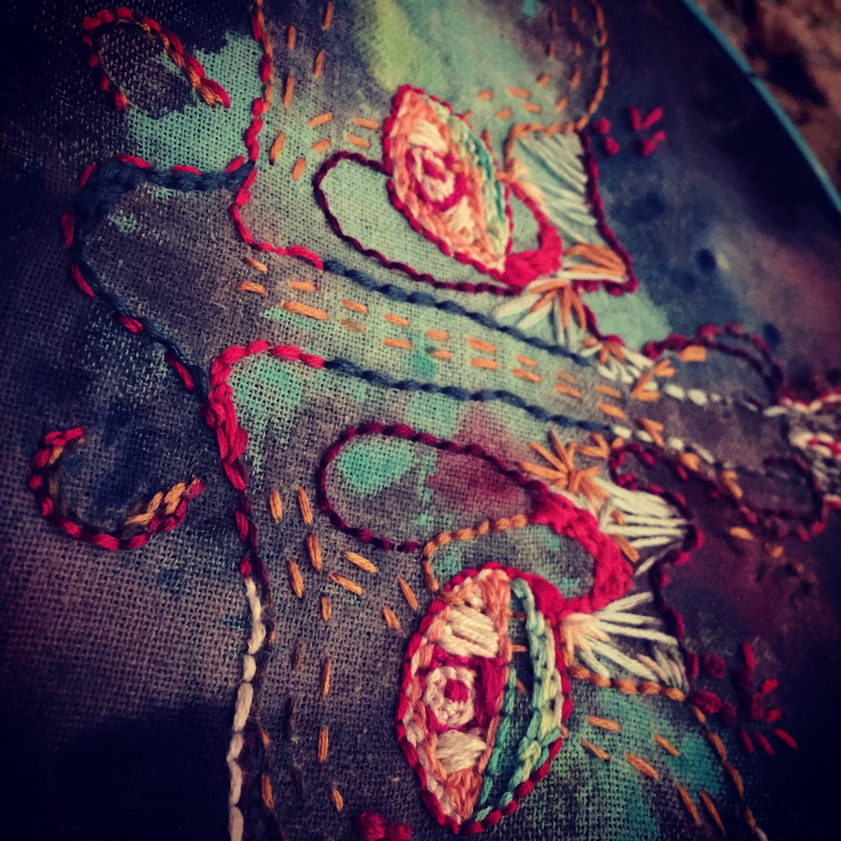 “Five Senses: Smell” Thick layers of poured paint create a textured background for this diagram of the sinuses.