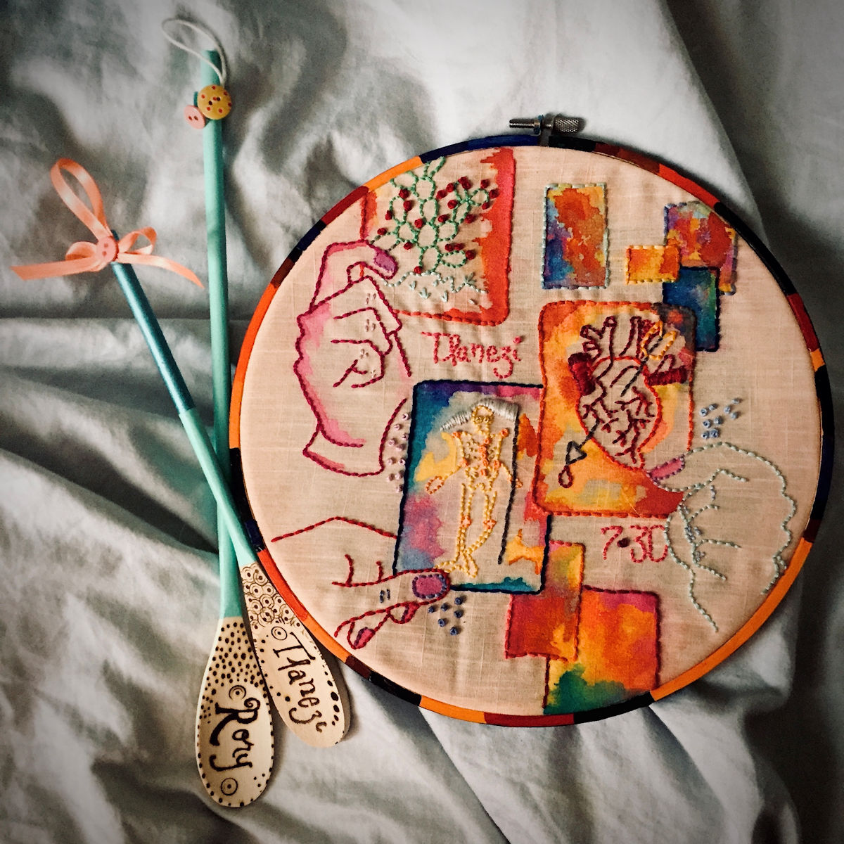 “Your Lucky Day” Hand painted, wood burned spoons accompany this embroidery present.