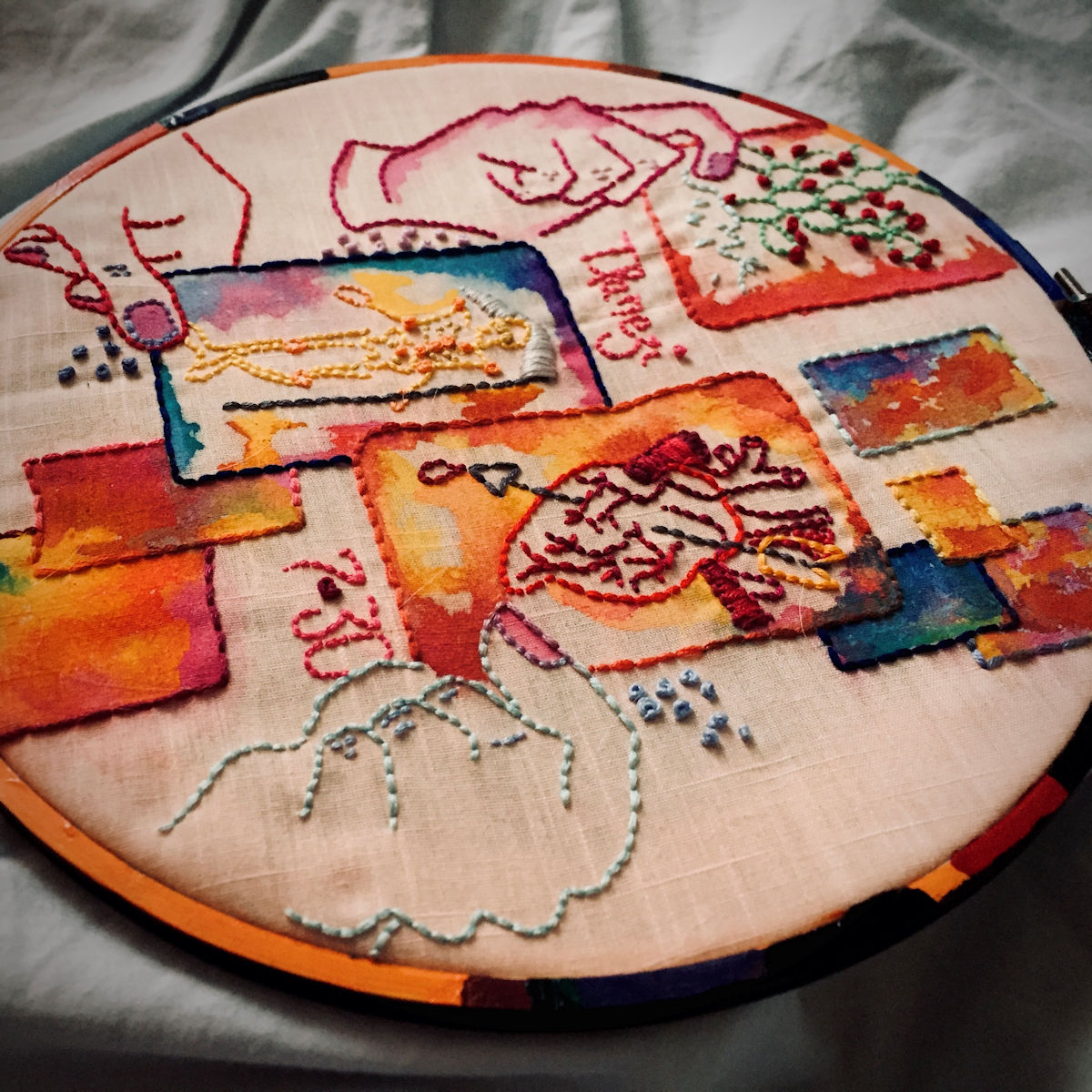 “Your Lucky Day” Watercolored Mexican Loteria cards are embroidered on this piece.