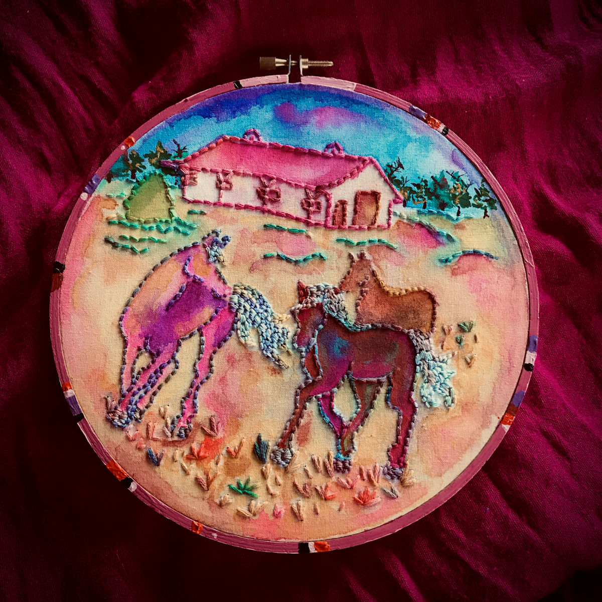 “Horses” This piece involves five different art materials. Can you spot them?