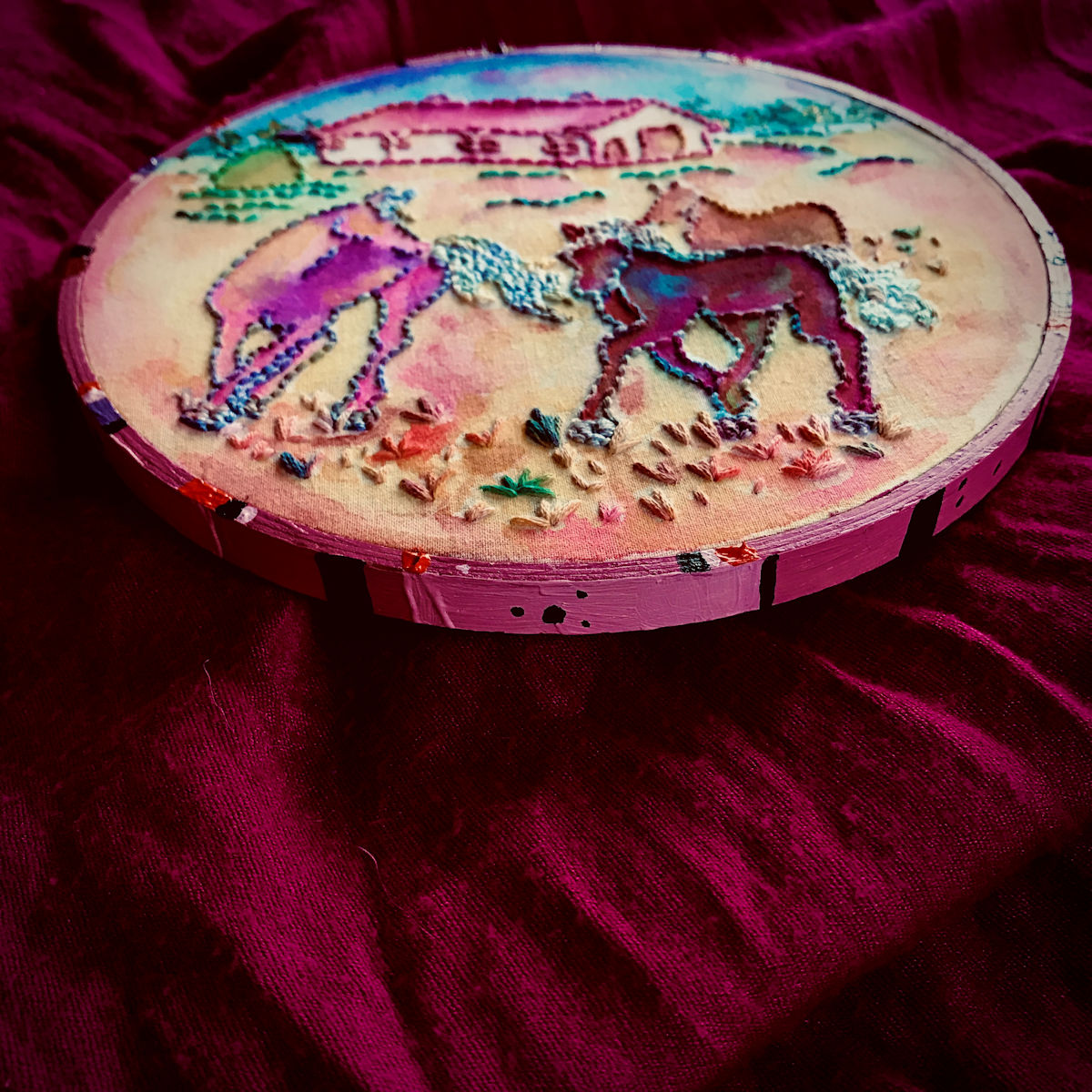 “Horses” I began with painting the foreground, middleground, and background in watercolor.