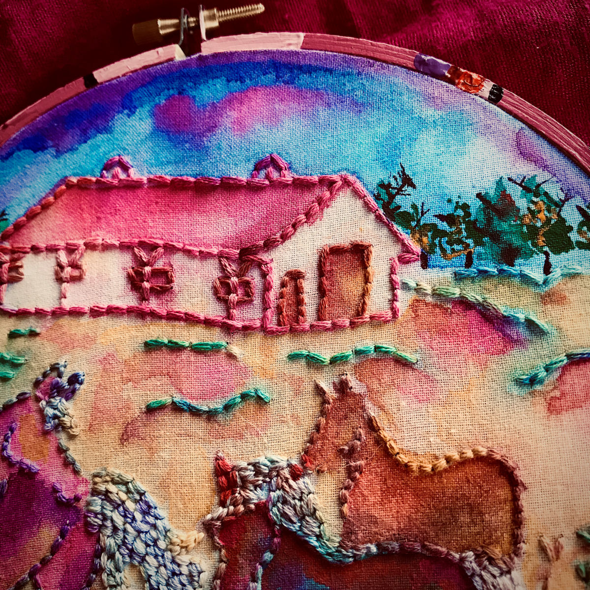 “Horses” Spray paint was used for tthe frame, fabric paint for the dots, and acrylic for lines and trees.