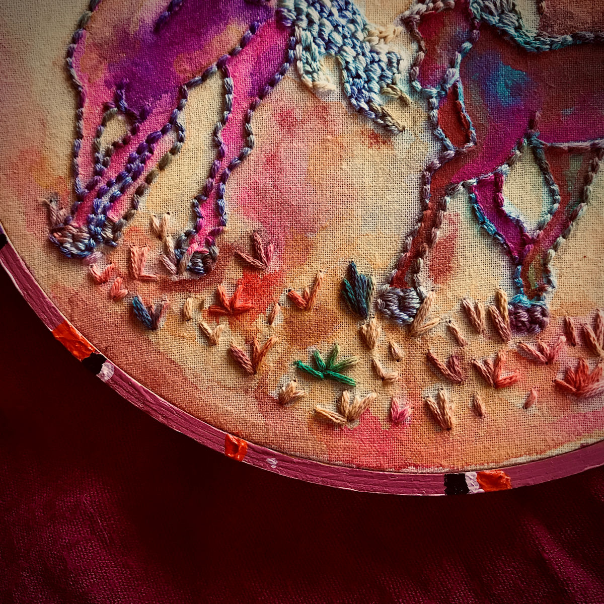 “Horses” Notice where the top layers of watercolor mix with the colors in the embroidery floss?