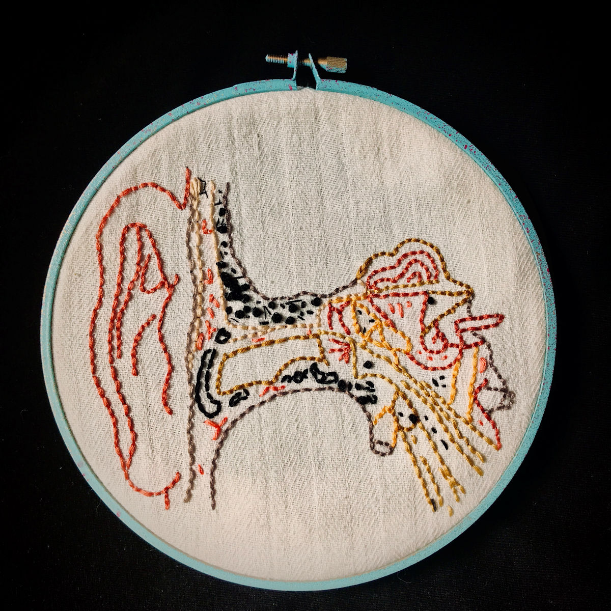 “Five Senses Series: Sound” Differing thickness of embroidery floss highlight the hairs of the inner ear.