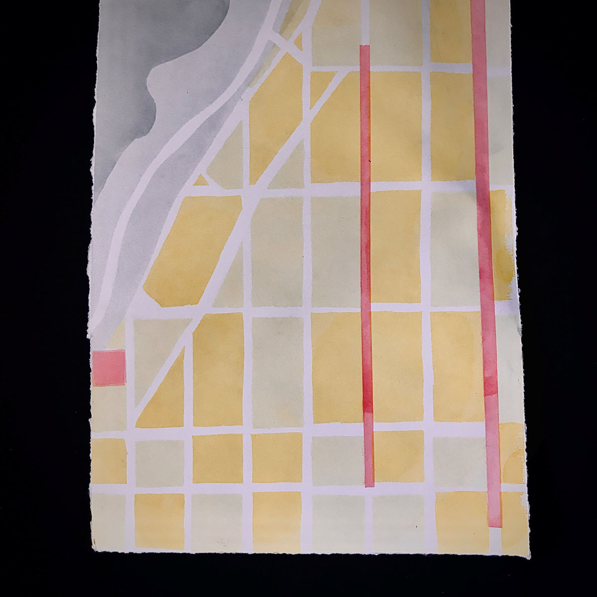 “Home” The grey is Lake Nokomis, pink square is my Minneapolis home, and the pink lines are 28th Street and 32nd Avenue.