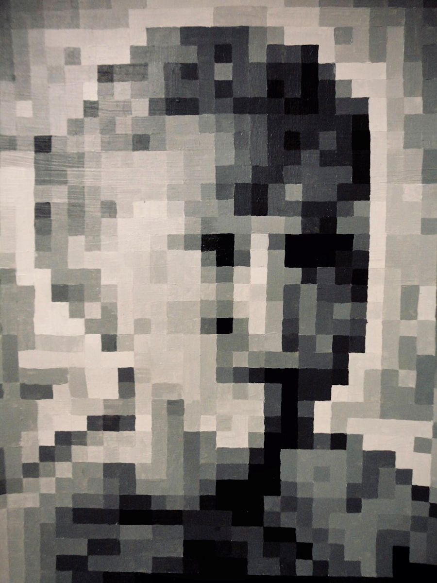 “Pixel Portrait” This larger-than-life self portrait was made for an assignment on mixing grayscale shades of black and white.