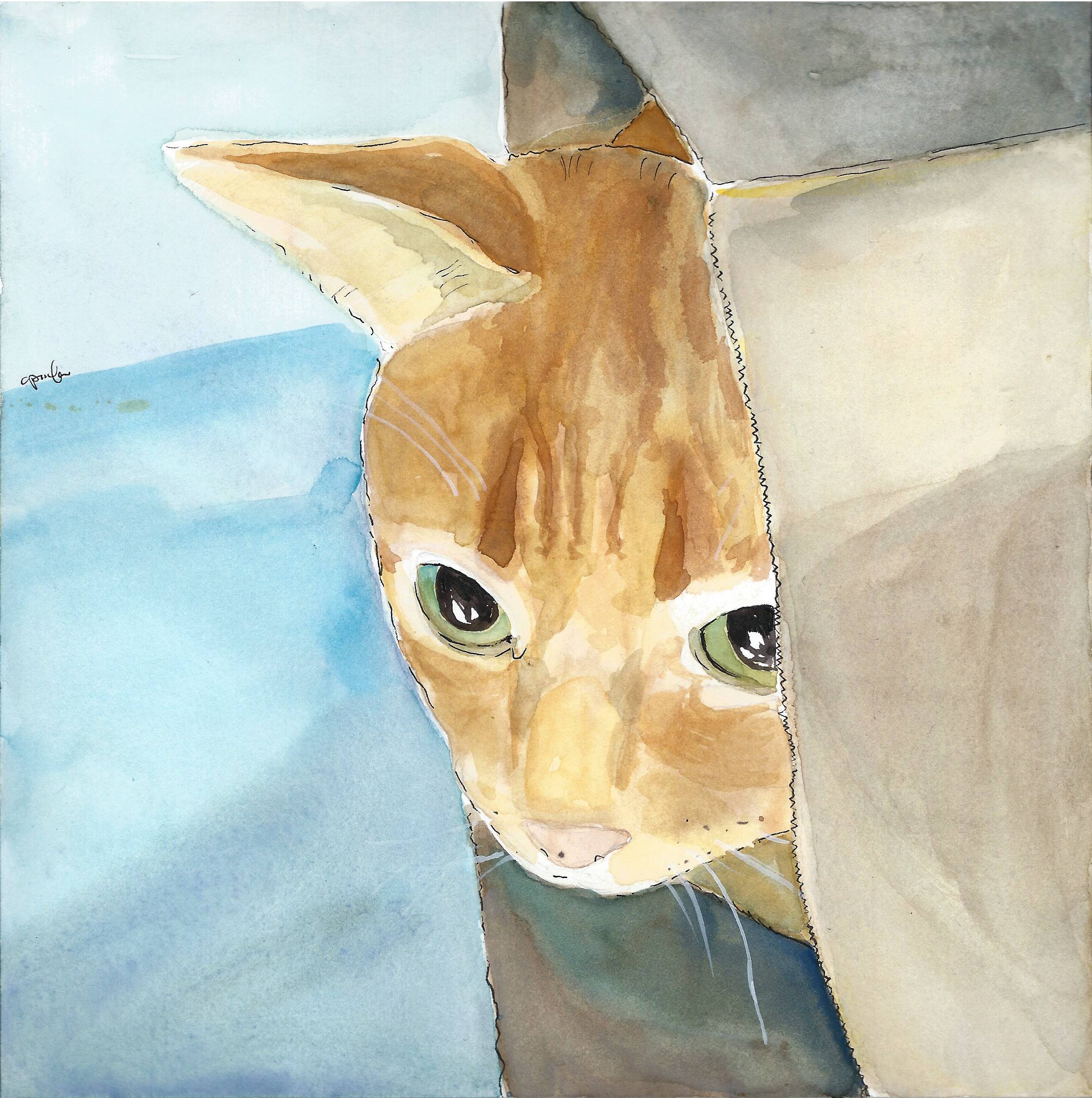 Cat in a bag. Watercolor painting.