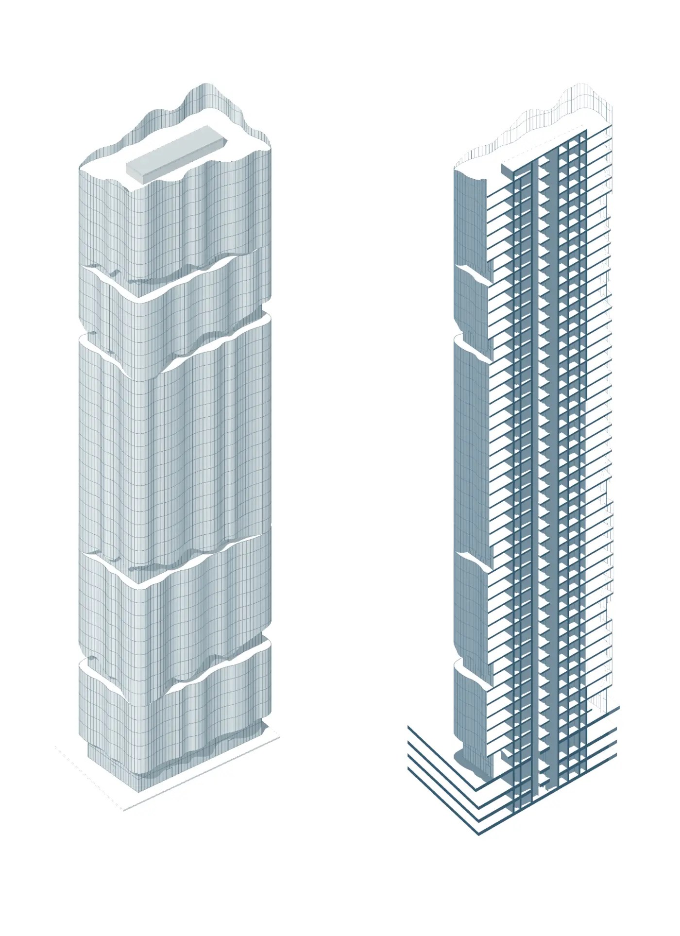 Axonometric diagrams showing the façade and structural system of The Wave
