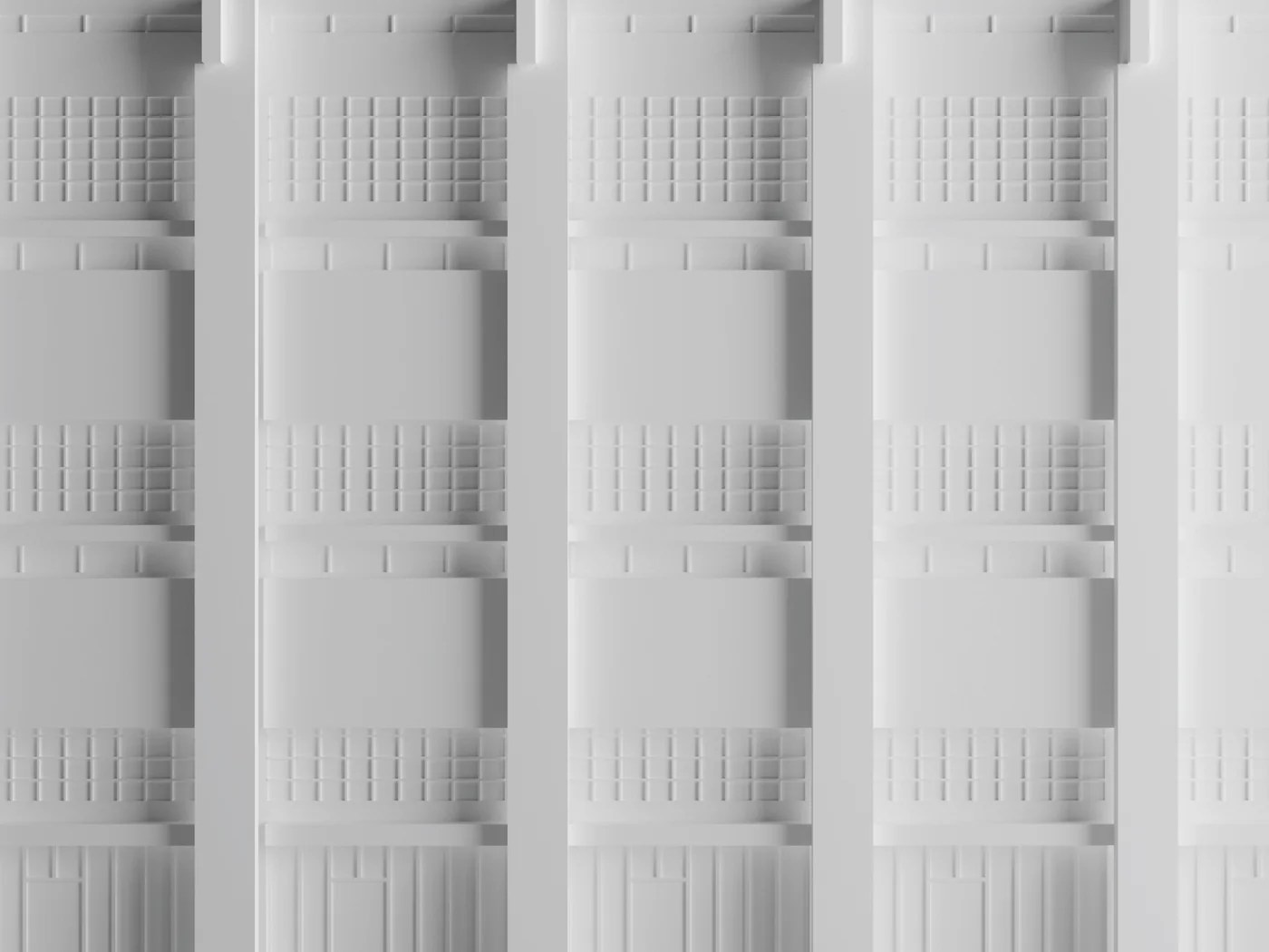 Monochrome architectural model study of the Instituto Marchiondi façade