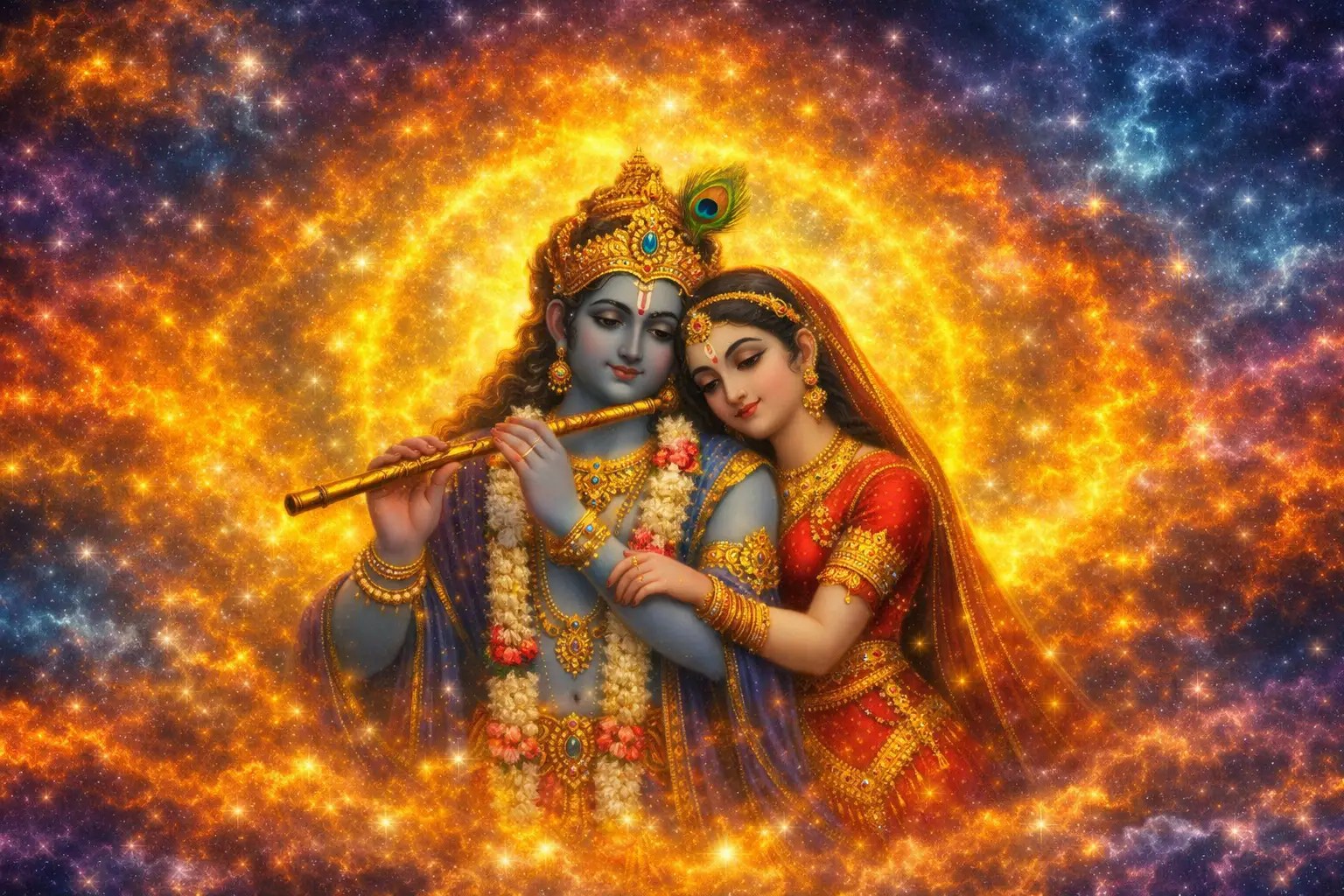 Divine image of Shree Radha Krishna surrounded by golden aura — Radha Maa and Krishna standing together in eternal love and grace, symbolizing devotion and divine union. श्री राधा कृष्ण की दिव्य छवि स्वर्णिम आभा से घिरी हुई — राधा माँ और कृष्ण एक साथ दिखाई दे रहे हैं, जो भक्ति और दिव्य एकता का प्रतीक है।