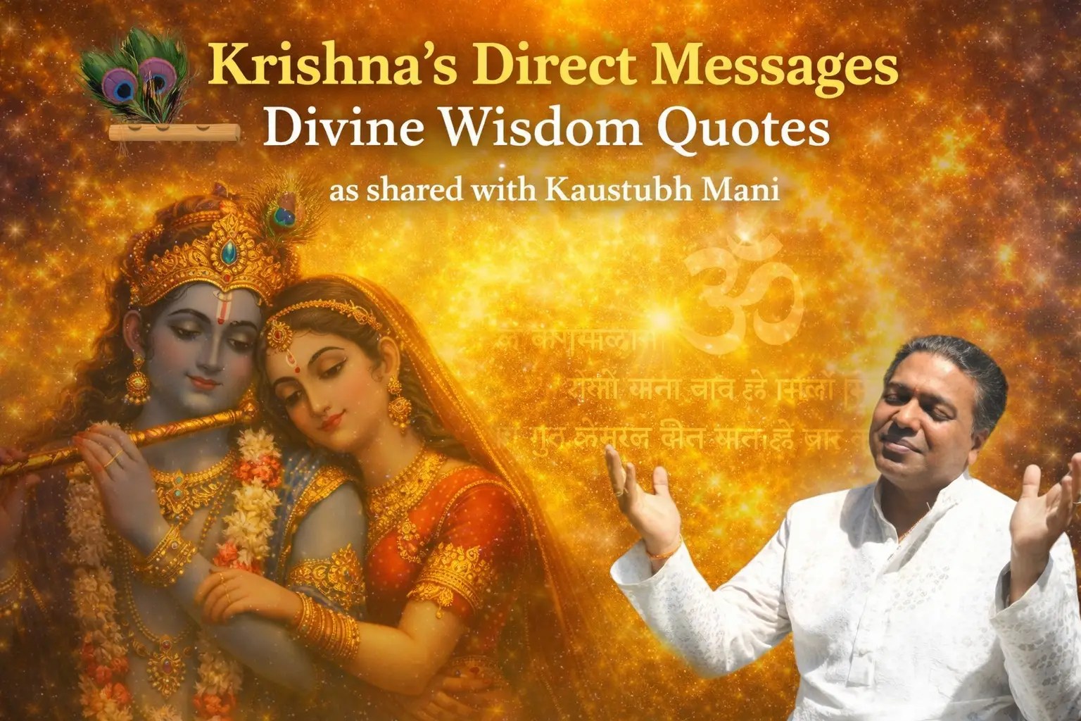 Kaustubh Mani receiving divine messages from Shree Radha Krishna — radiant golden aura symbolizing celestial wisdom and poetic revelations shared for the awakening of souls. श्री राधा कृष्ण से दिव्य संदेश प्राप्त करते कौस्तुभ मणि — स्वर्णिम आभा में झलकता दिव्य ज्ञान और आत्मा‑जागरण हेतु प्रकट हुई काव्यात्मक वाणी।