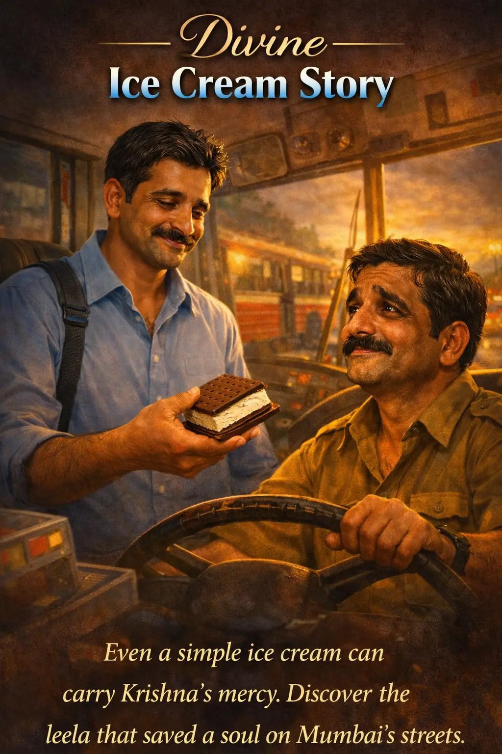 “A humble man offers an ice‑cream sandwich to a Mumbai BEST bus driver, whose eyes fill with tears — a moment of Krishna’s unseen mercy.” “एक साधारण व्यक्ति मुंबई BEST बस चालक को आइसक्रीम सैंडविच देता है, जिसकी आँखें आँसुओं से भर जाती हैं — यह श्रीकृष्ण की अदृश्य कृपा का क्षण है।”