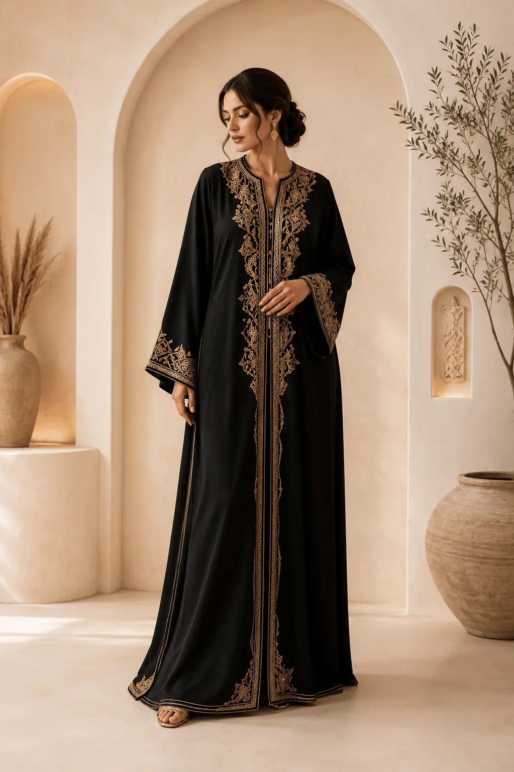 Abaya brodée dorée, haute couture tunisienne — Kaya Mode