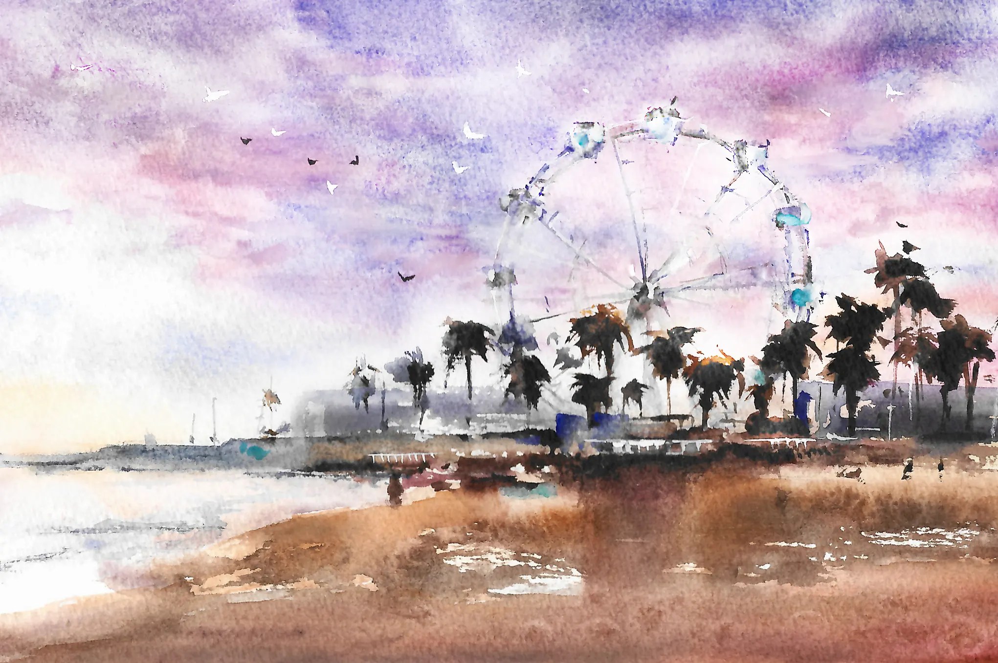 Original watercolor Painting: Santa Monica Beach
