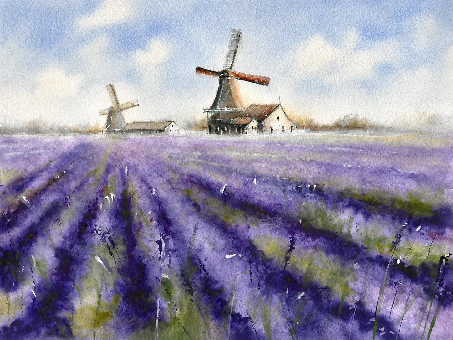Original watercolor Painting: lavender fields
