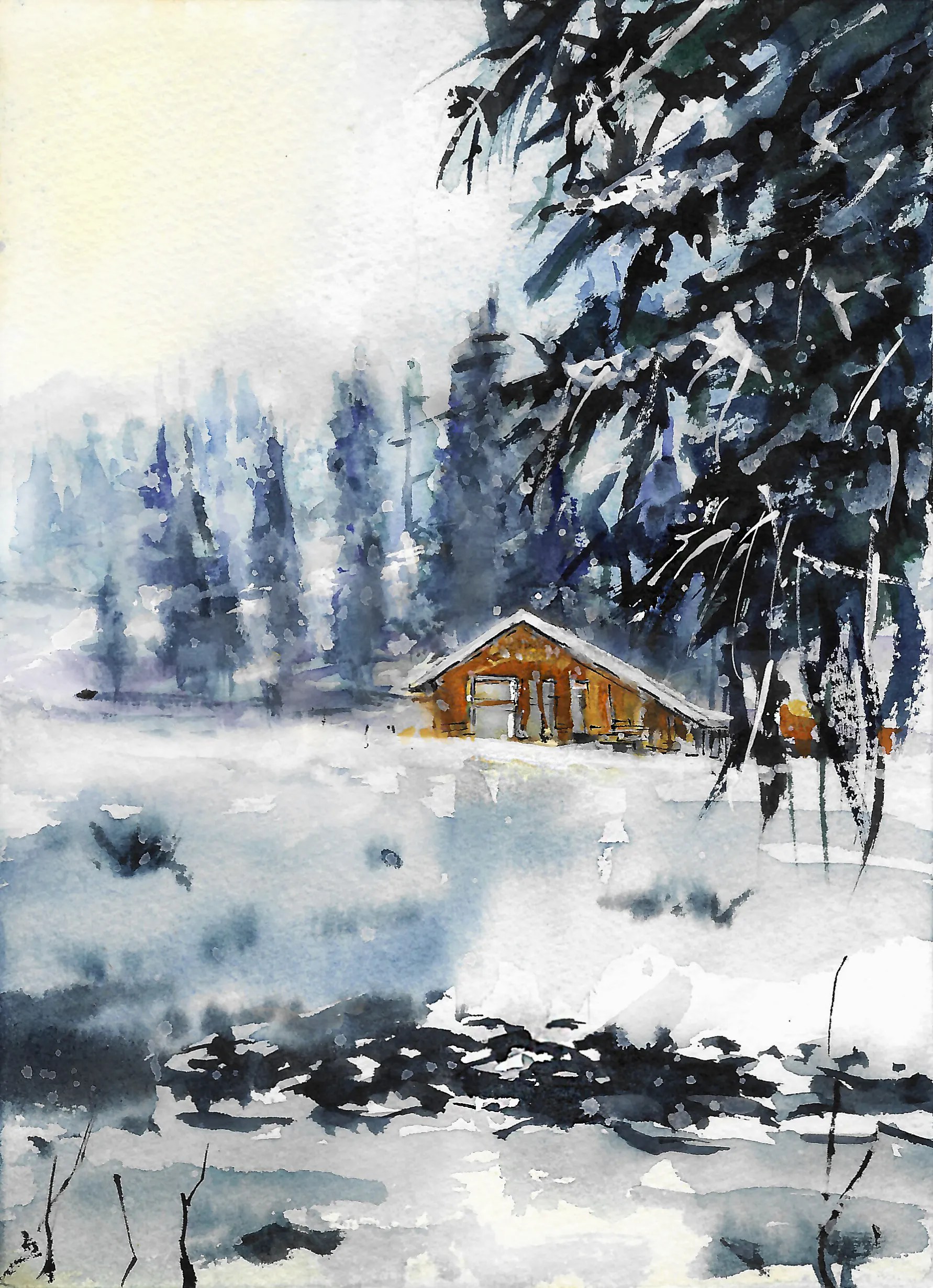 Original watercolor Painting: mountain villa