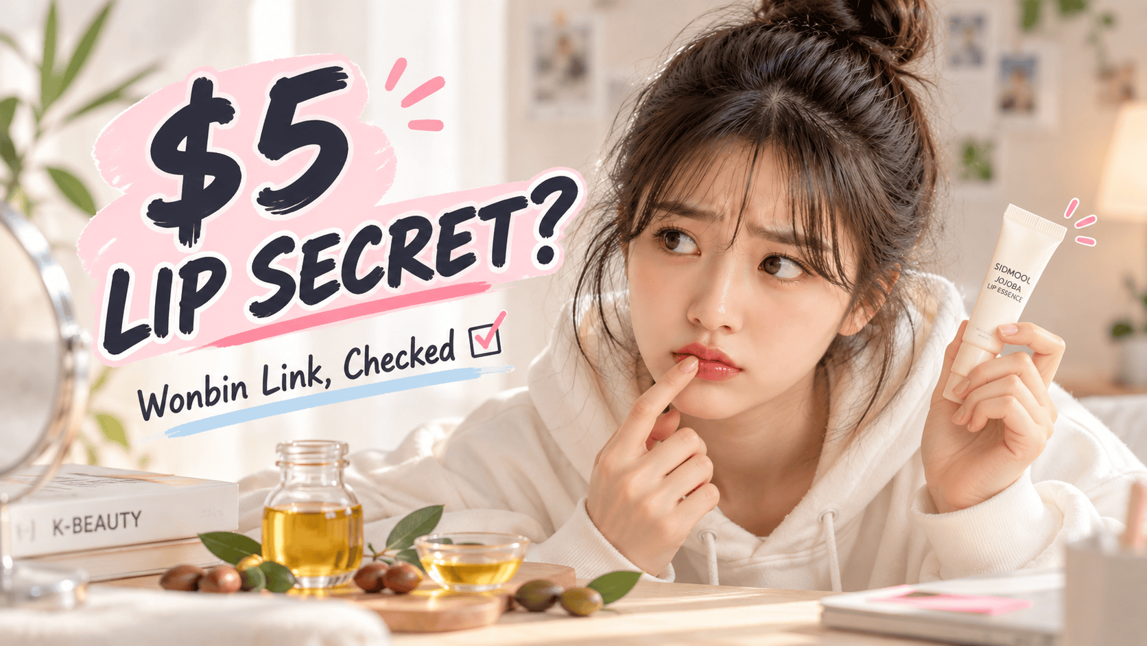 Bonghee holding a white lip-essence tube beside golden jojoba oil and seeds.