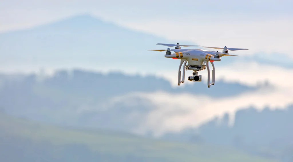 An aerial view captured by a surveillance drone, showcasing its outdoor monitoring capabilities