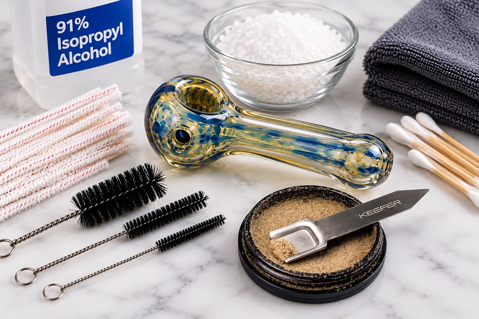 Clean glass spoon pipe surrounded by pipe cleaners, brushes, cotton swabs, isopropyl alcohol, coarse salt and a Keefer Scraper.