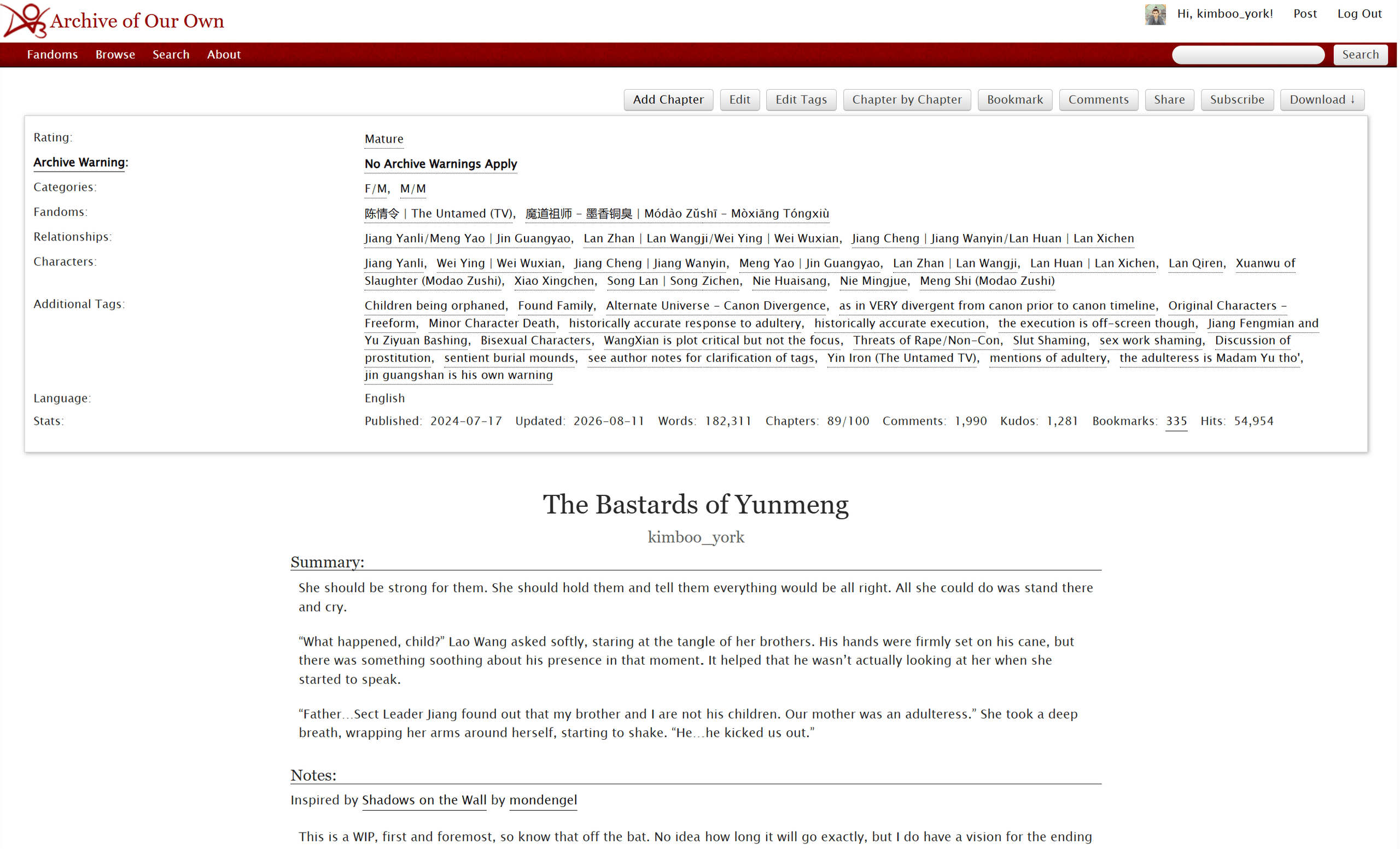 Screenshot of the cover for the fanfic "The Bastards of Yunmeng" by KimBoo York