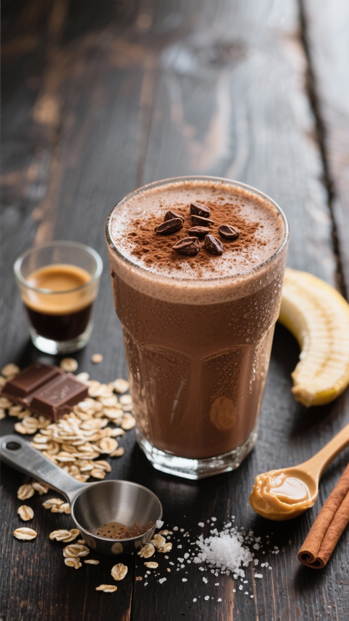 Close-up of a mocha oat breakfast shake with frosty condensation, rich cocoa-brown color, topped with a dusting of cocoa powder and a few cacao nibs. Place a cooled espresso shot glass, rolled oats scattered, chocolate protein scoop, a small frozen banana piece, almond butter spoon, cinnamon stick, and sea salt pinch around; shot straight-on to emphasize creamy thickness, café vibe on a dark wood table.