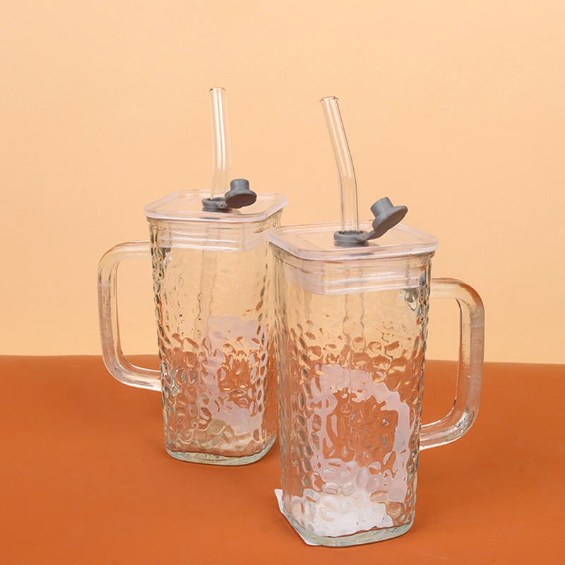 Glass cup with handle (with lid & glass straw)