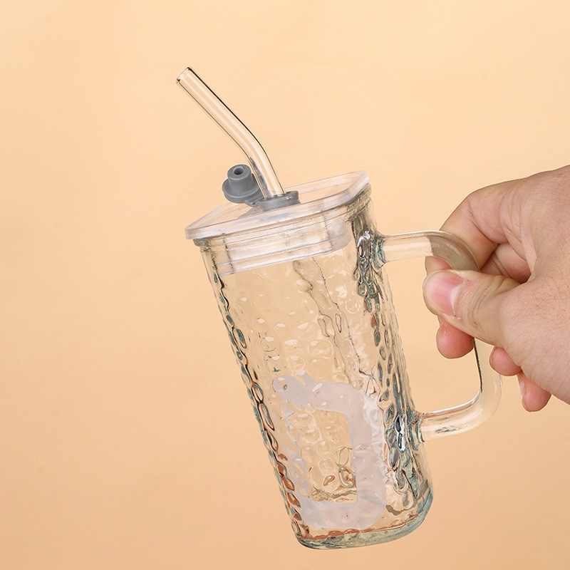 Glass cup with handle (with lid & glass straw)