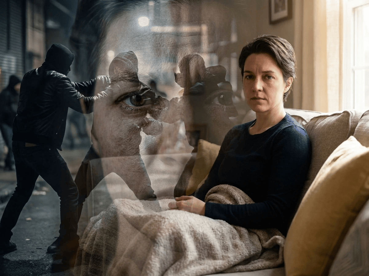 Woman experiencing traumatic flashback moment with ptsd symptoms