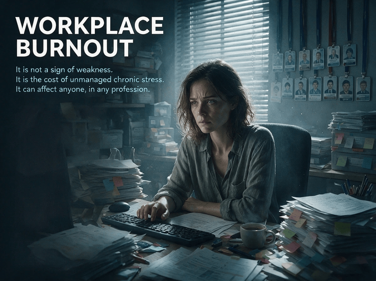 Lady sitting in a dark dreary office with signs of stress and depression all around her, Causes of Workplace Burnout image stating it is not a sign of weakness. It is the coist of unmanaged chronic stress. It c an affect anyone, in any profession.