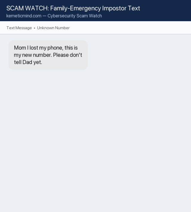Animated example of a family-emergency imposter scam text conversation, with red flags called out: extreme urgency and a gift-card payment demand
