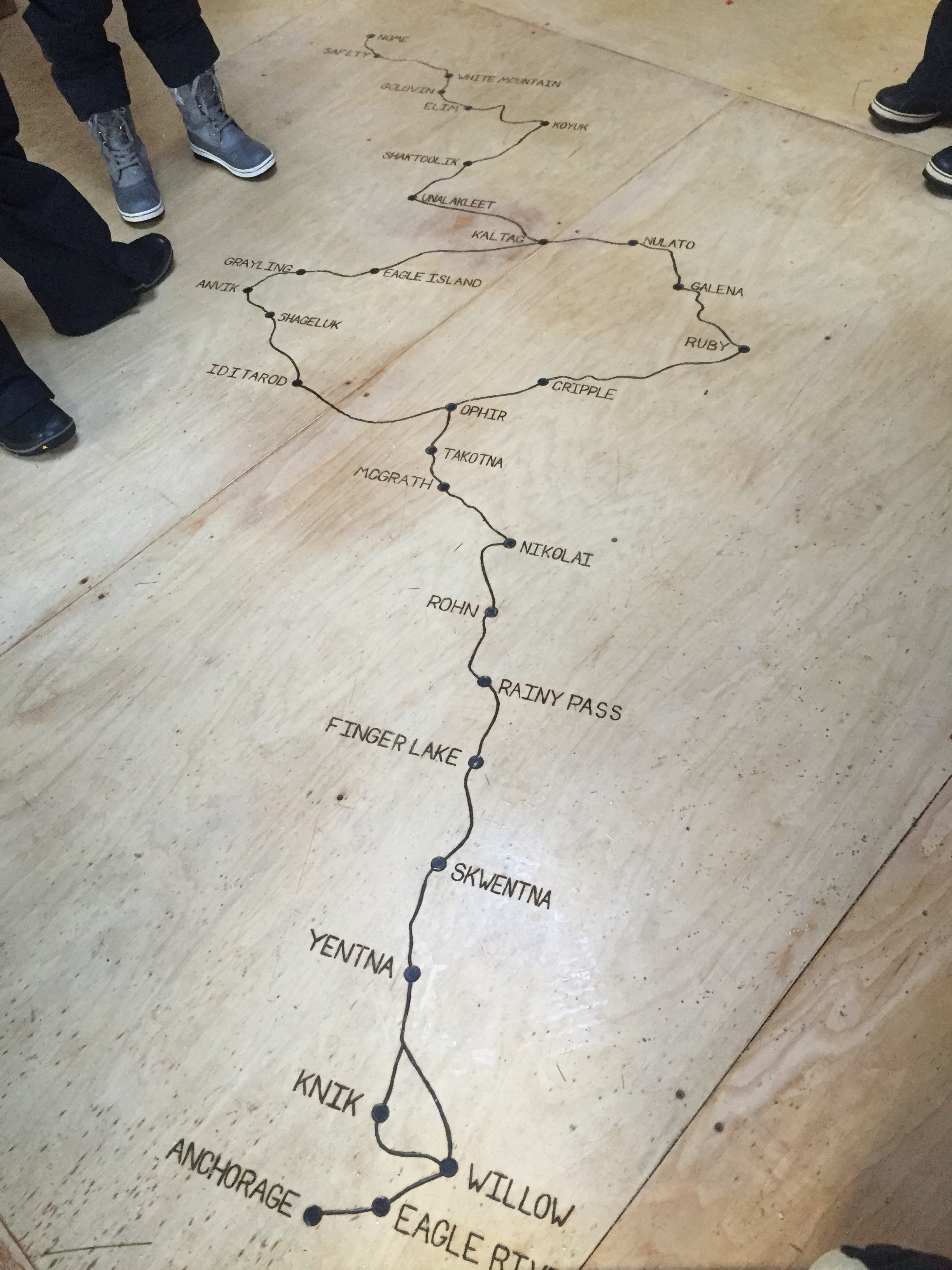 northern and southern routes of the Iditarod trail embedded into the floor of the yurt