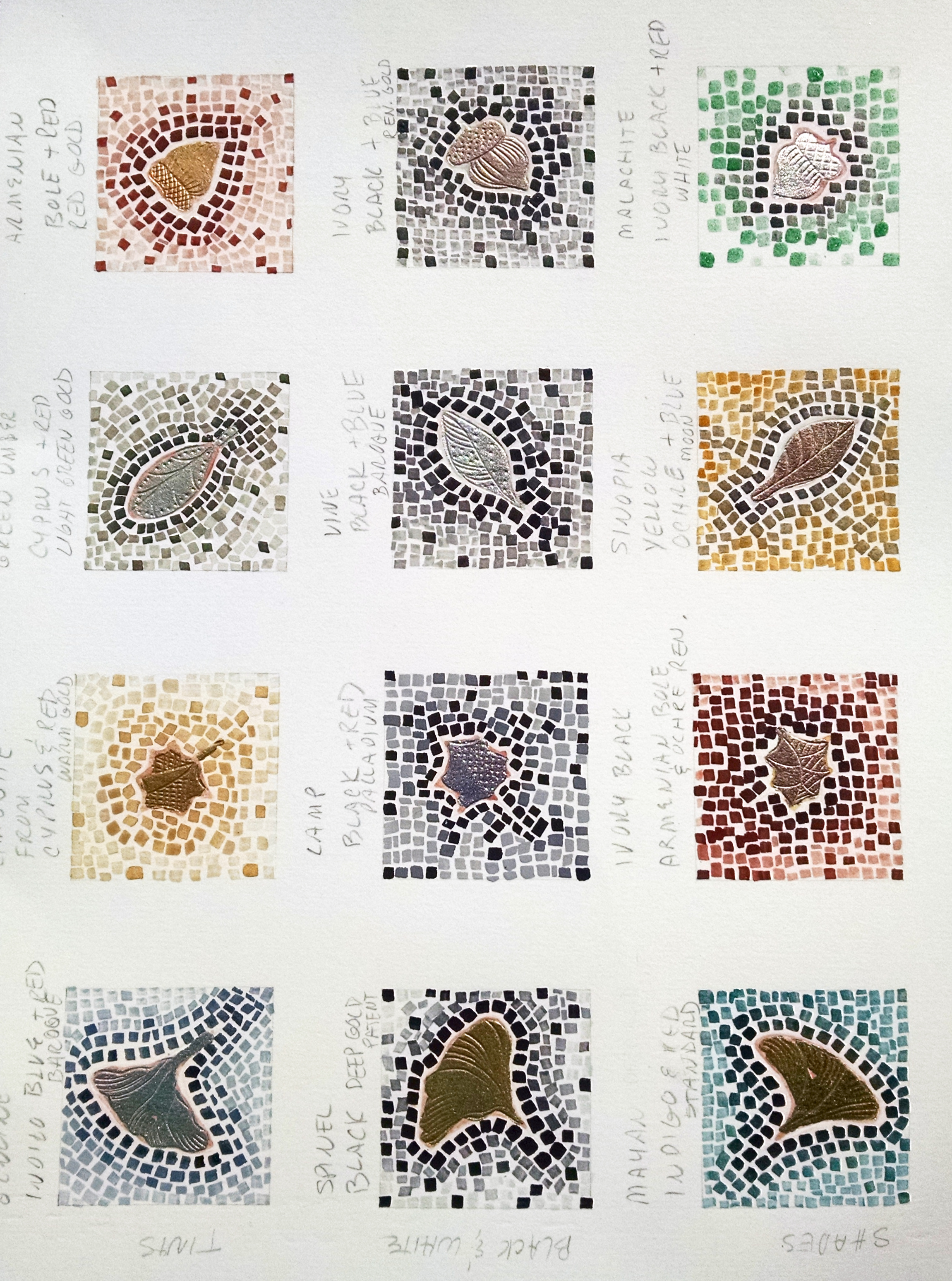 My sample sheet of various hues of gold leaf, embossed and embellished, techniques I learned from Georgia Angelopoulos, in Chicago Calligraphy Collective workshop
