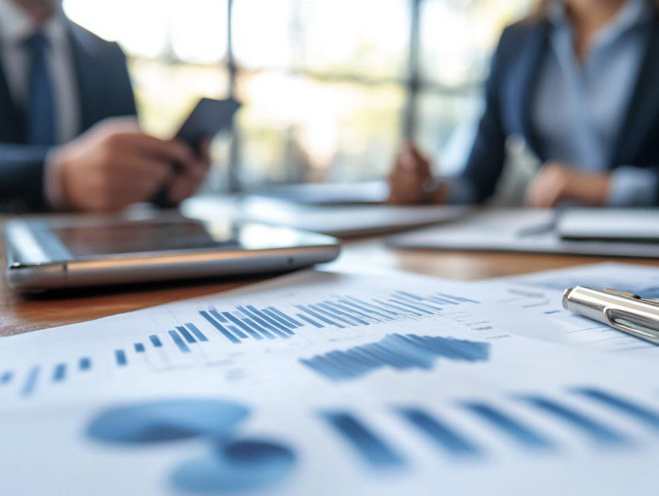 Business meeting focusing on data analysis and financial chartspresentation