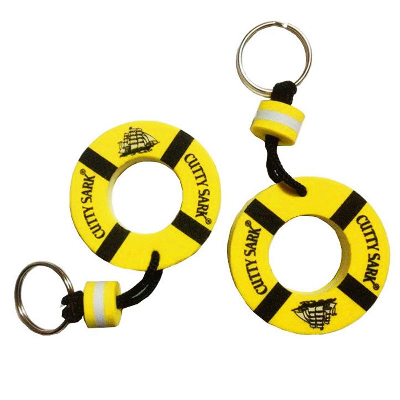 A set of different colored and shaped EVA foam floating keychains, including a yellow, white, and blue circular one.