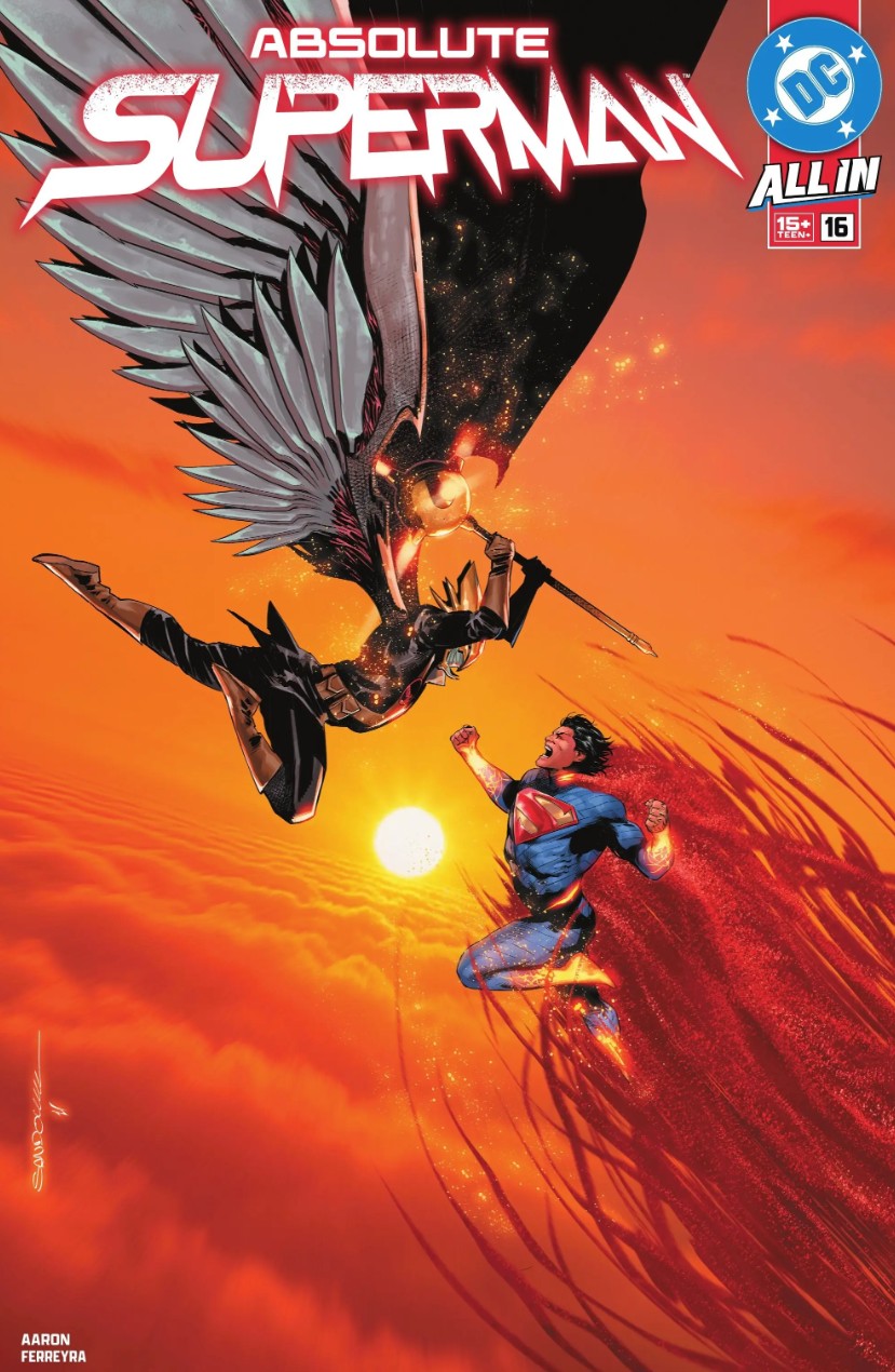Absolute Superman 16 cover, illustrated by Rafa Sandoval, featuring Hawkman vs Superman