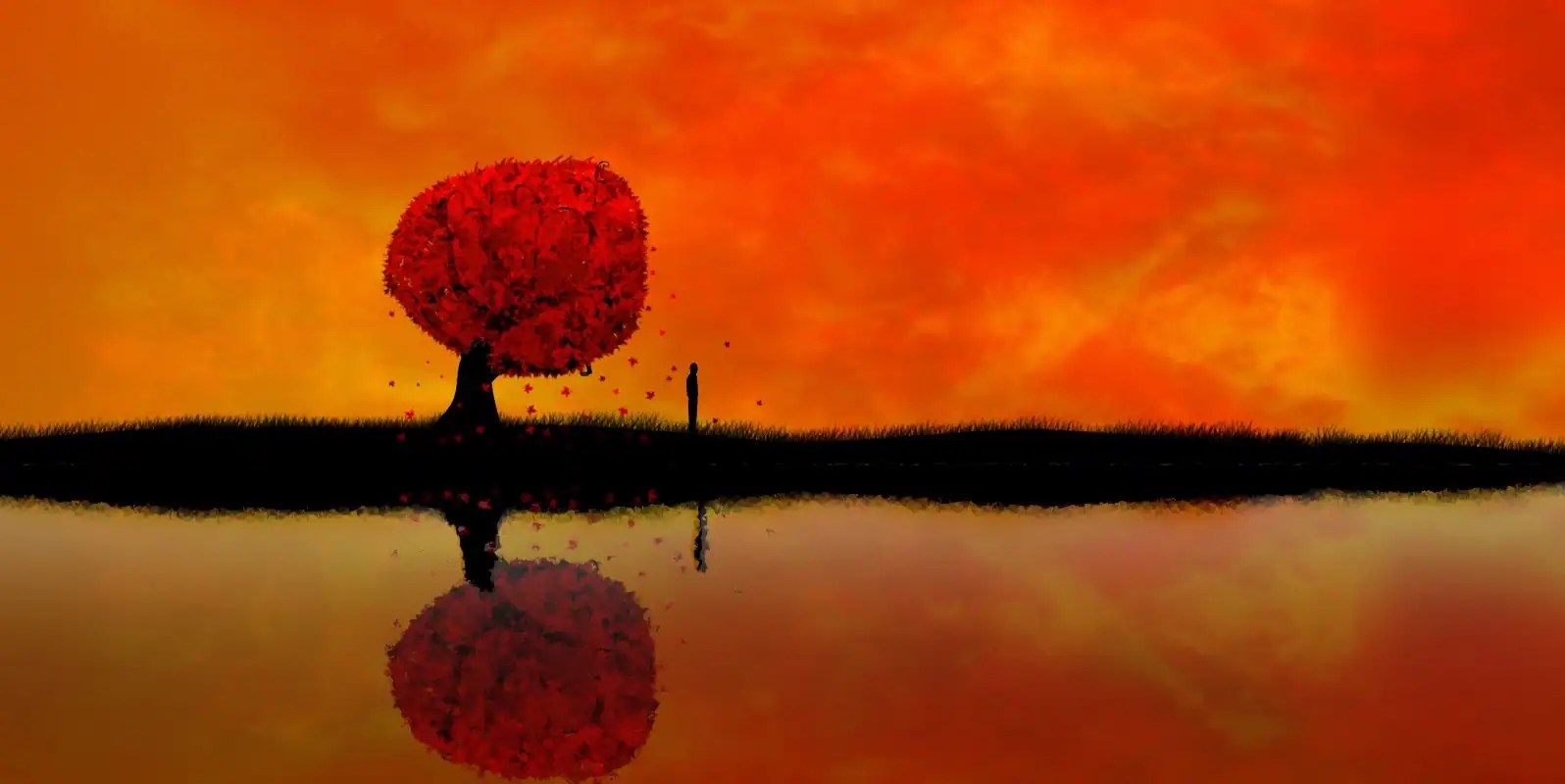 A solitary figure stands beside a vibrant tree reflected in calm water, symbolizing observation, reflection, and curiosity.