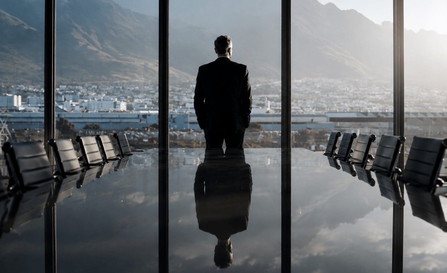 A business leader stands alone in a modern boardroom overlooking a city, reflecting on leadership, transparency, and strategic decision-making.