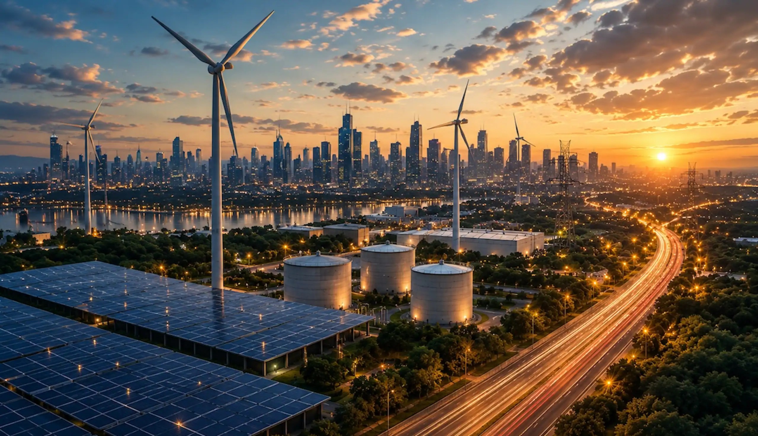 Panoramic view of renewable energy infrastructure with solar panels, wind turbines, storage facilities, power transmission, and a modern city skyline at sunset.