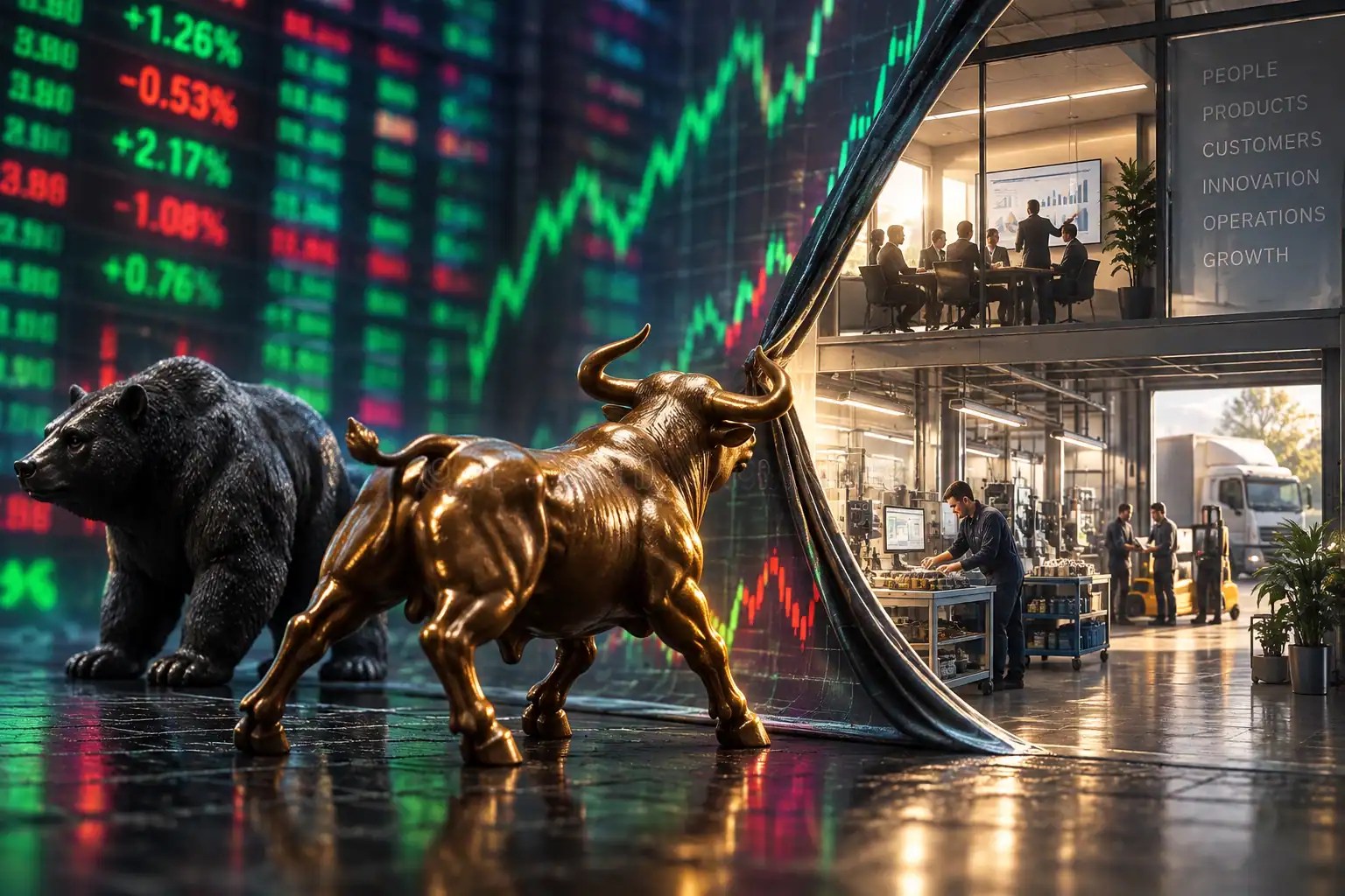 Stock market bull and bear in front of a ticker screen, with the screen pulled back to reveal a real company inside - people, operations, products and growth.