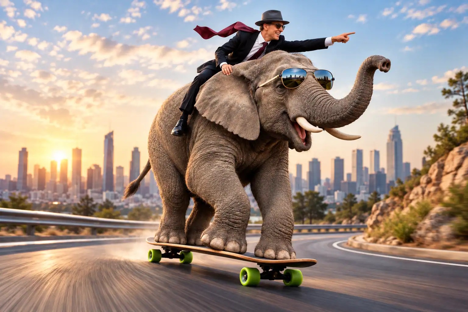 An elephant balancing on a skateboard with a suited rider symbolizes organizations navigating uncertainty through adaptability rather than prediction.