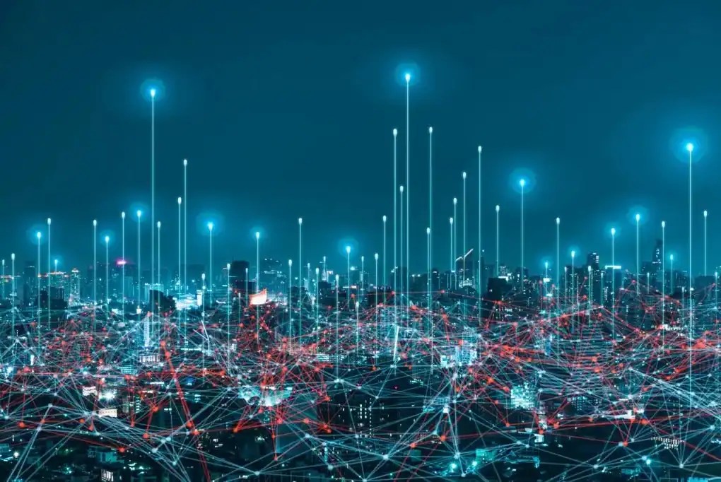 Digital network connecting cities, industries, transportation, technology, and global systems.