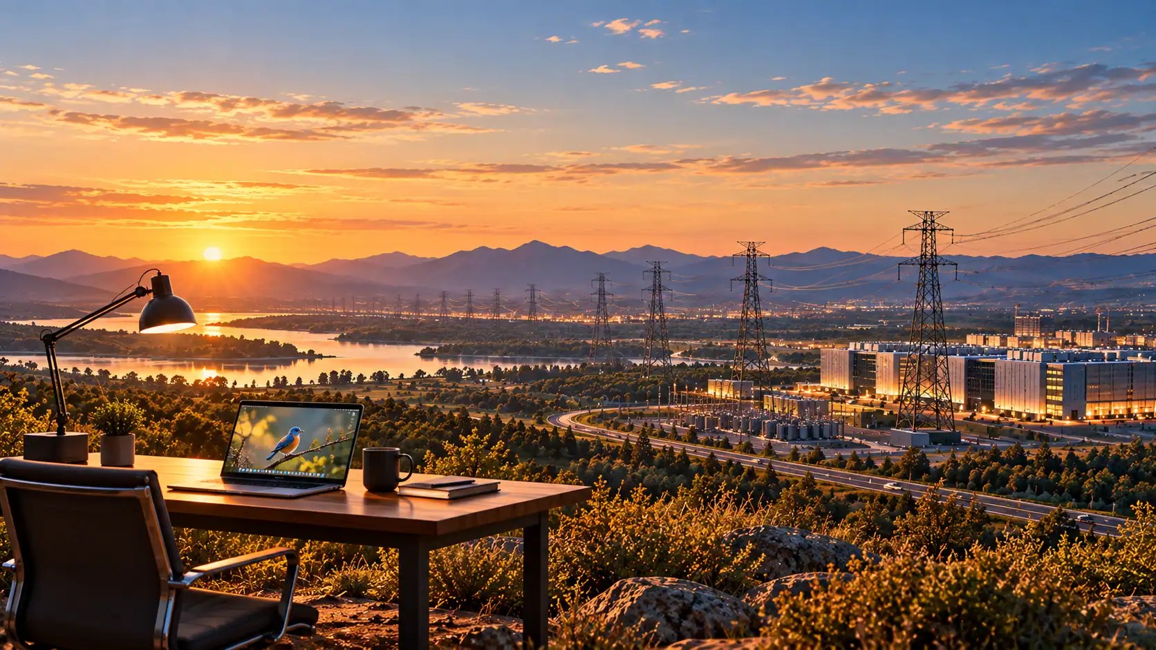Scenic sunset view with power lines, mountains, and a desk with a laptop.