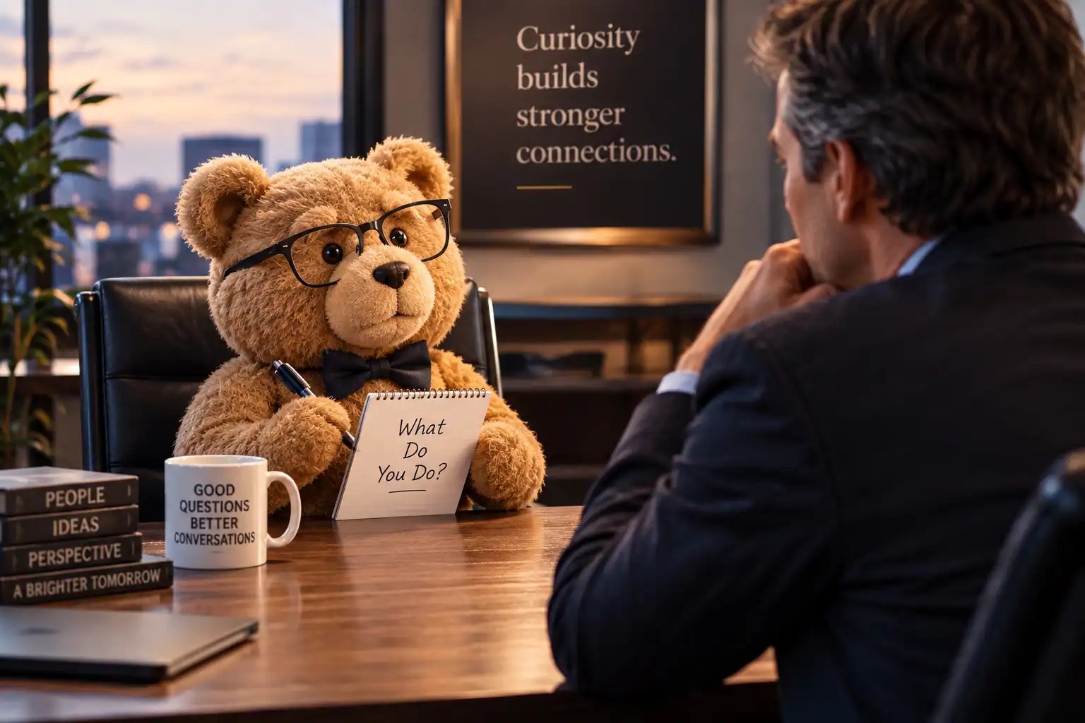 A thoughtful teddy bear interviewing a business professional, symbolizing curiosity, authenticity, and looking beyond job titles to understand the person behind the role.